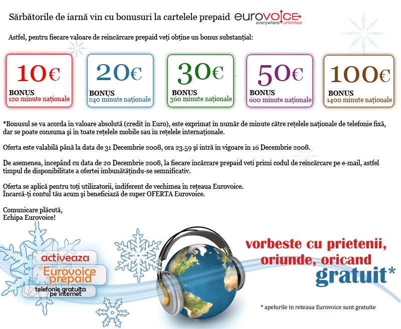 De sărbători, Eurovoice pune sub pom bonusuri pentru încărcarea conturilor prepaid